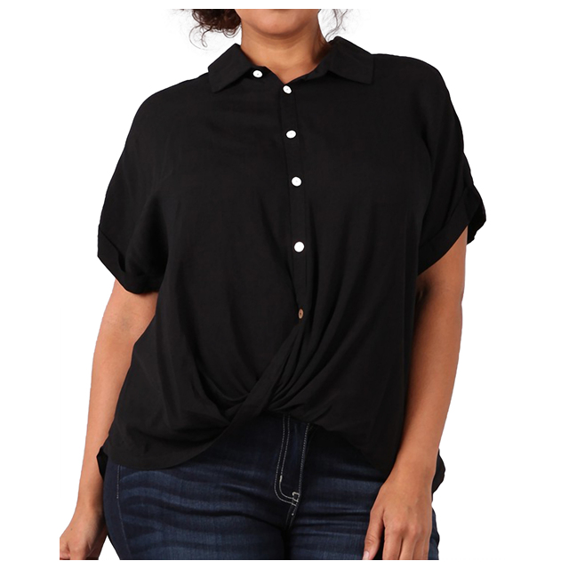 Women's Short Sleeve Button Down Blouse Black Photo 1