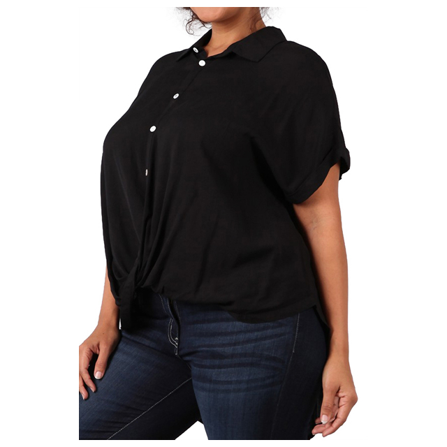 Women's Short Sleeve Button Down Blouse Black Photo 2