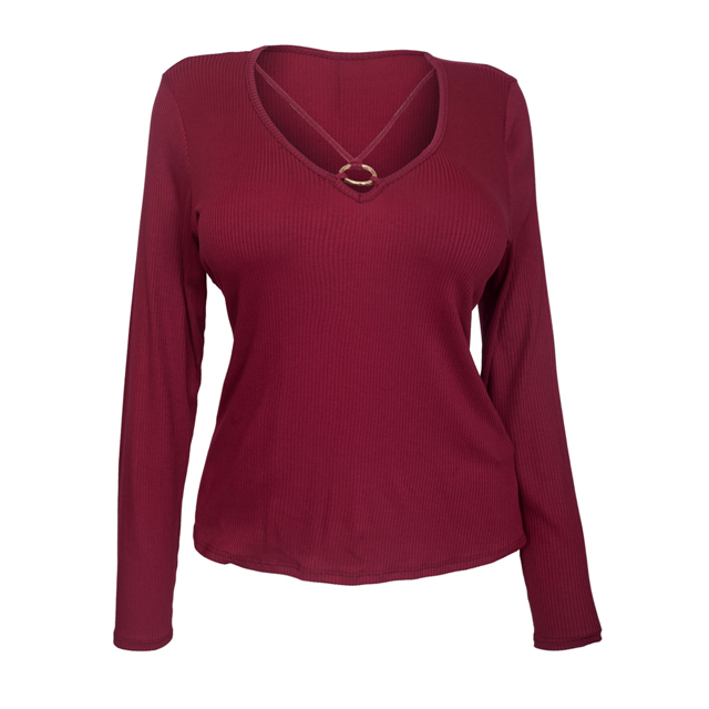 Women's O-ring Detail Long Sleeve Top Burgundy Photo 1