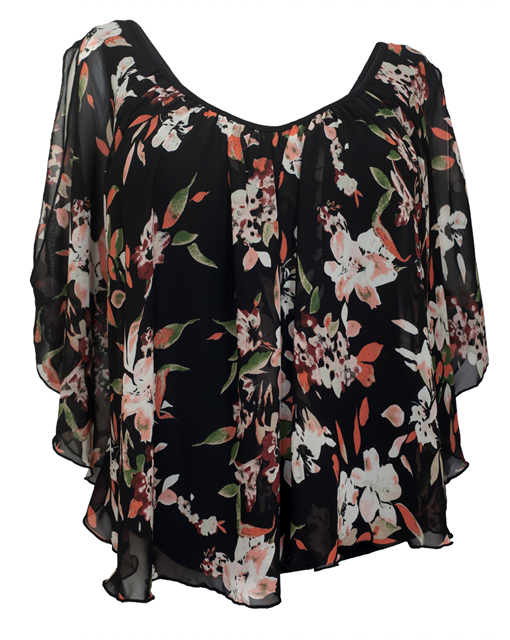 Plus size Layered Floral Print Split Sleeve Top Black Photo 1