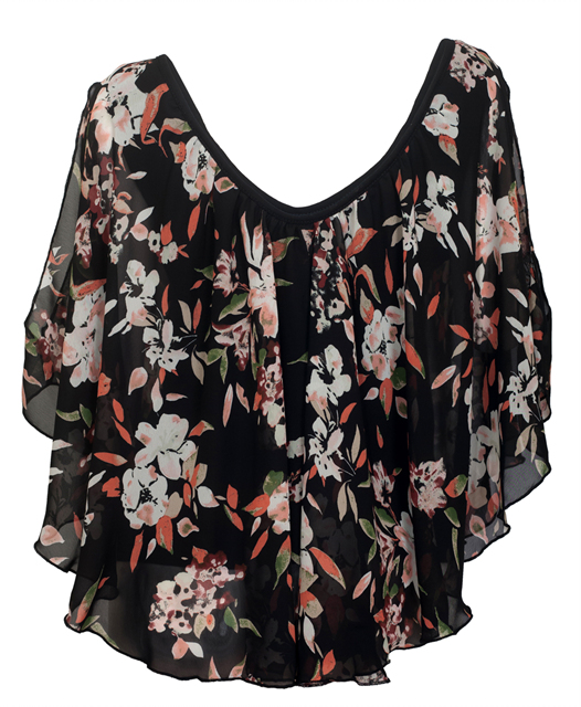 Plus size Layered Floral Print Split Sleeve Top Black Photo 2