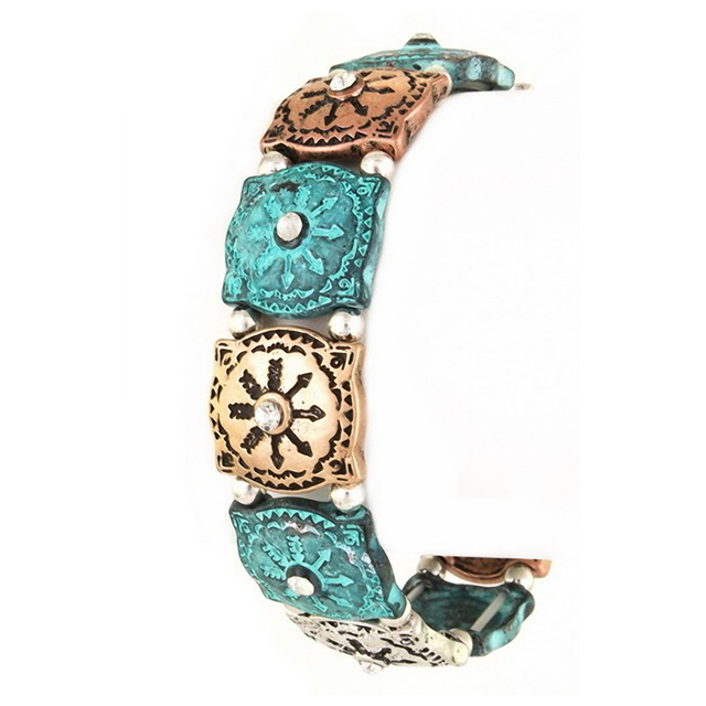 Engraved Arrow Metal Stretch Bracelet Patina Turquoise Photo 2