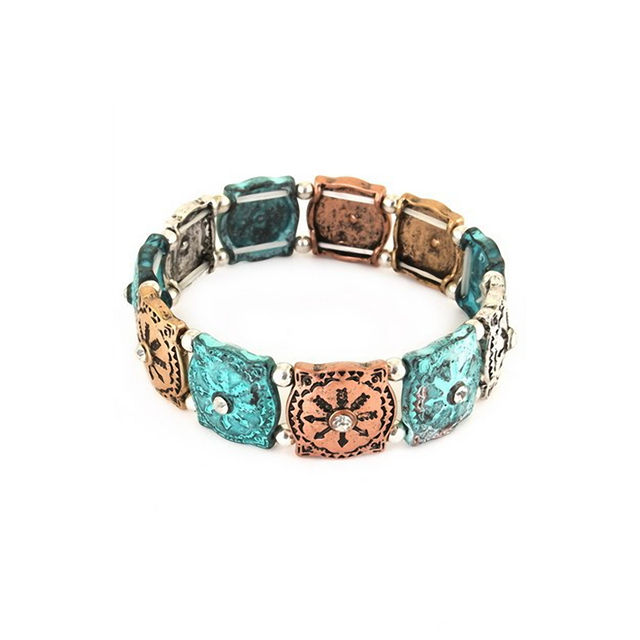 Engraved Arrow Metal Stretch Bracelet Patina Turquoise Photo 1