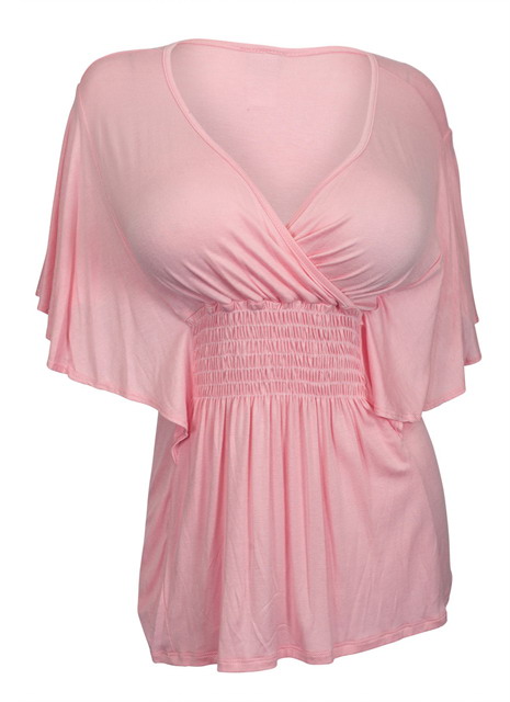 Plus Size Slimming V-neck Smocked Empire Waist Top Baby Pink Photo 1