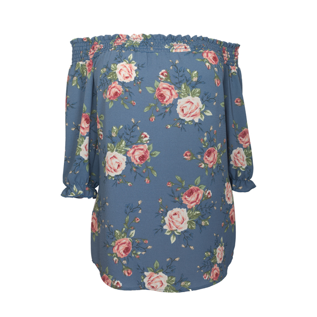 Women's Smocked Off The Shoulder Tunic Top Blue Floral Photo 1