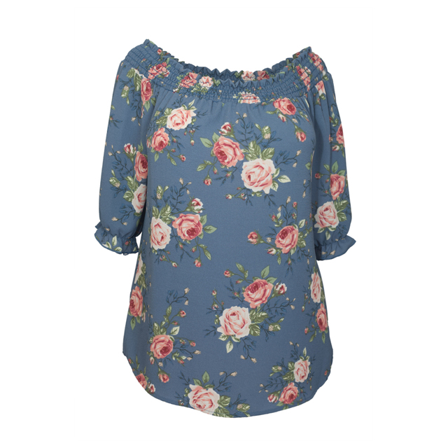 Women's Smocked Off The Shoulder Tunic Top Blue Floral Photo 2