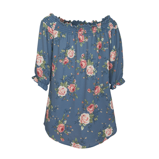 Women's Smocked Off The Shoulder Tunic Top Blue Floral Photo 2