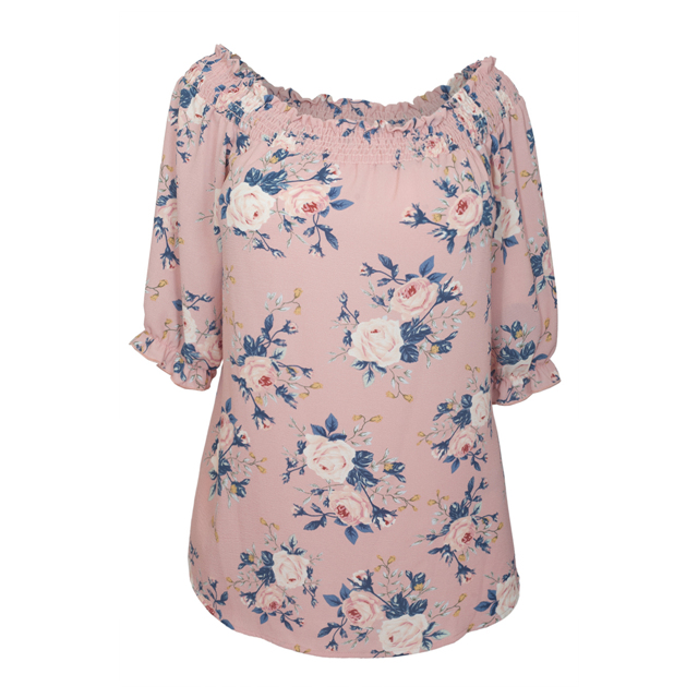 Women's Smocked Off The Shoulder Tunic Top Pink Floral Photo 2