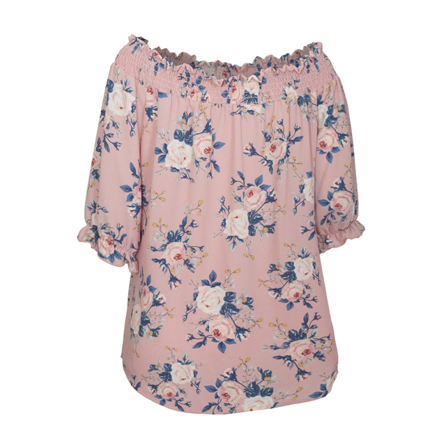 Women's Smocked Off The Shoulder Tunic Top Pink Floral Photo 2