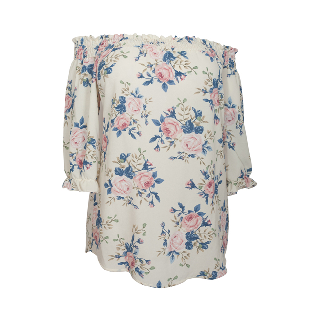 Women's Smocked Off The Shoulder Tunic Top Ivory Floral Photo 1