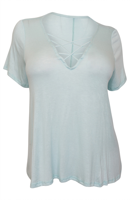 Plus Size Lace Up V-Neck Top Sky Blue Photo 1