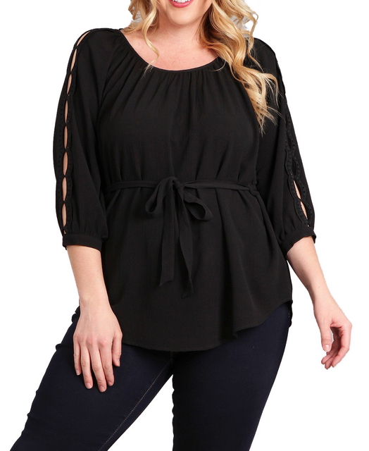 Plus Size Waist Tie Hi-Lo Hem Top Black Photo 1