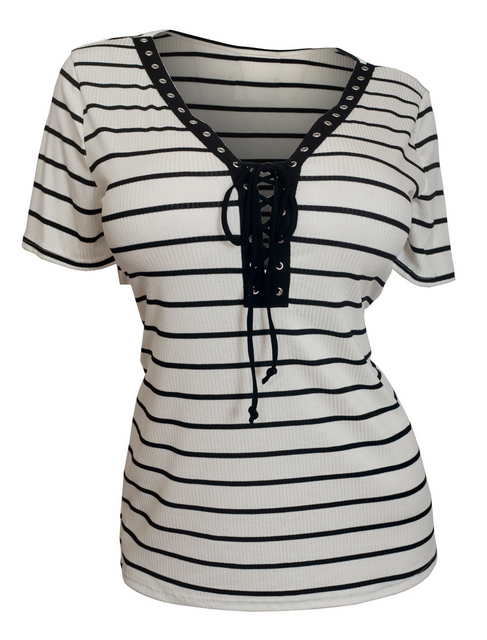 Plus Size V-Neck Lace Up Stripe Top White Photo 1