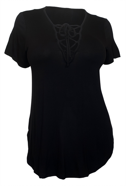 Plus size V-Neck Lace Up Curved Hem Top Black Photo 1