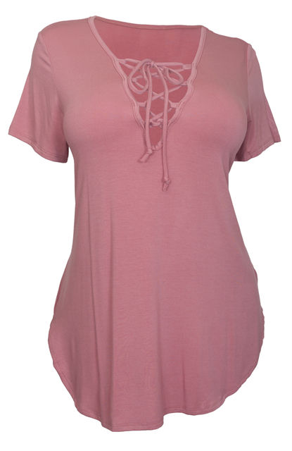 Plus size V-Neck Lace Up Curved Hem Top Pink Photo 1