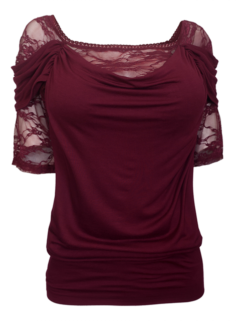 Plus size Floral Lace Half Sleeve Top Wine Photo 1