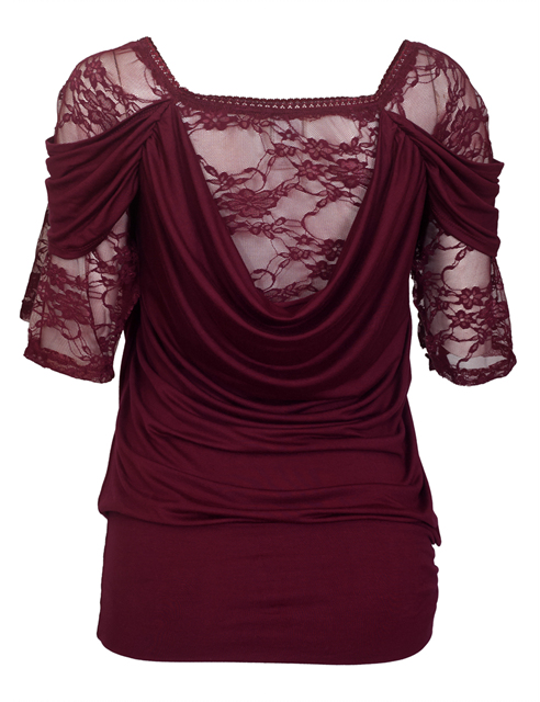 Plus size Floral Lace Half Sleeve Top Wine Photo 2