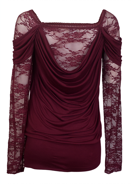 Plus size Floral Lace Sleeve Top Wine Photo 2