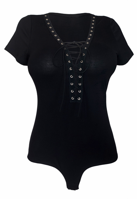 Women's Low Cut V-Neck Lace Up Bodysuit Black Photo 1