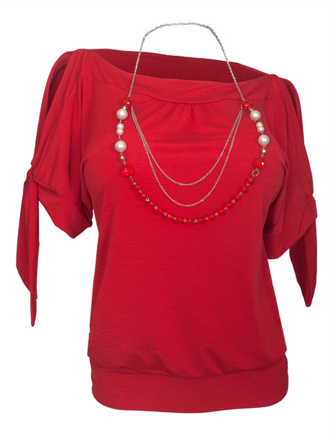 Women's Cold Shoulder Top with Necklace Detail Red Photo 1