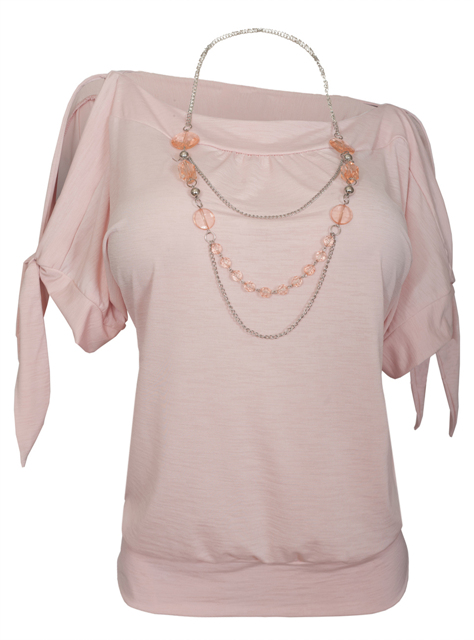 Women's Cold Shoulder Top with Necklace Detail Pink Photo 1