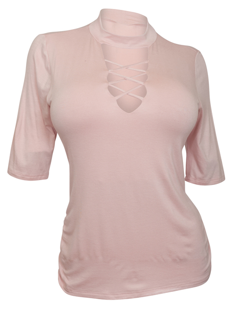 Plus Size Lace Up Mock Neck Top Pink Photo 1