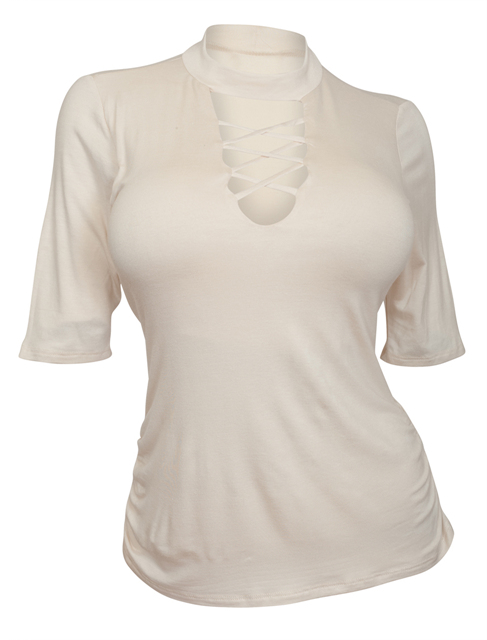 Plus Size Lace Up Mock Neck Top Ivory Photo 1