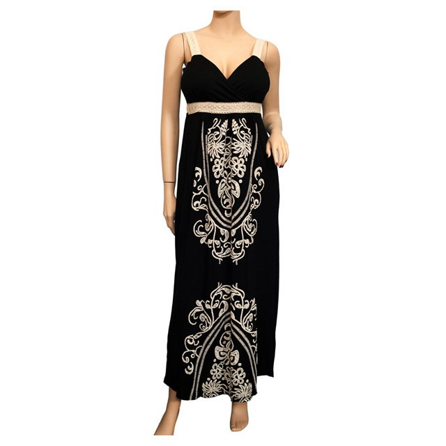 Plus Size Embroidery Print Empire Waist Maxi Dress Black Photo 1