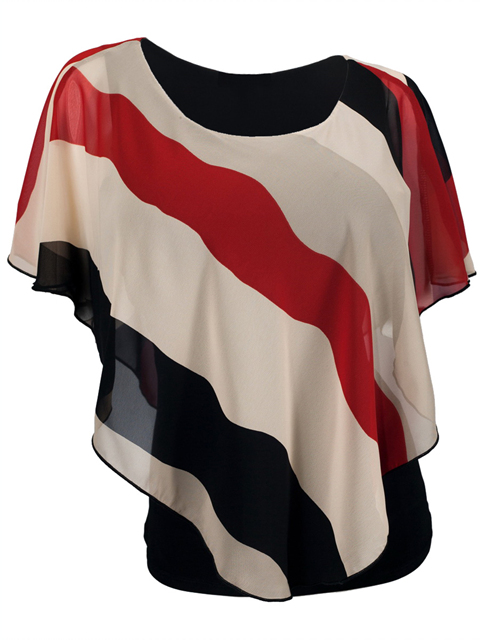 Plus Size Layered Poncho Top Stripe Print Red Photo 1