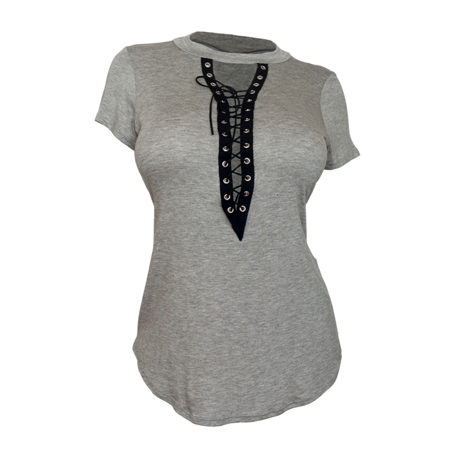 Women's Lace Up Mock Neck Top Gray 1761 Photo 1