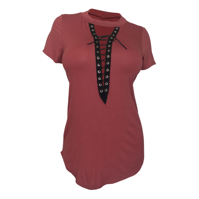 Women's Lace Up Mock Neck Top Rust 1761 Photo 1