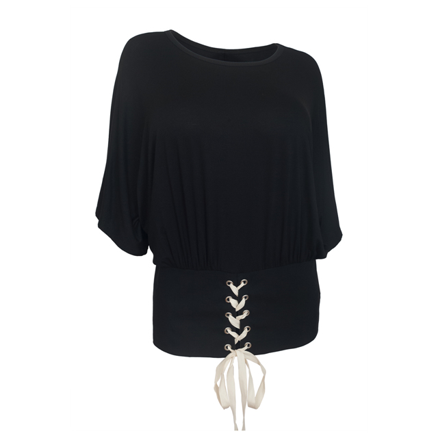 Women's Lace Up Detail Dolman Sleeve Top Black Photo 1