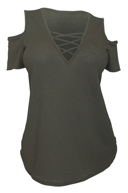 Plus size V-Neck Lace Up Cold Shoulder Top Olive Photo 1