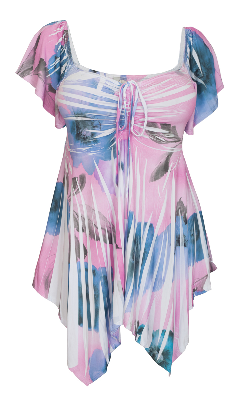 Plus size Deep V-neck Asymmetric Slimming Top Pink Sublimation Print 2 Photo 1