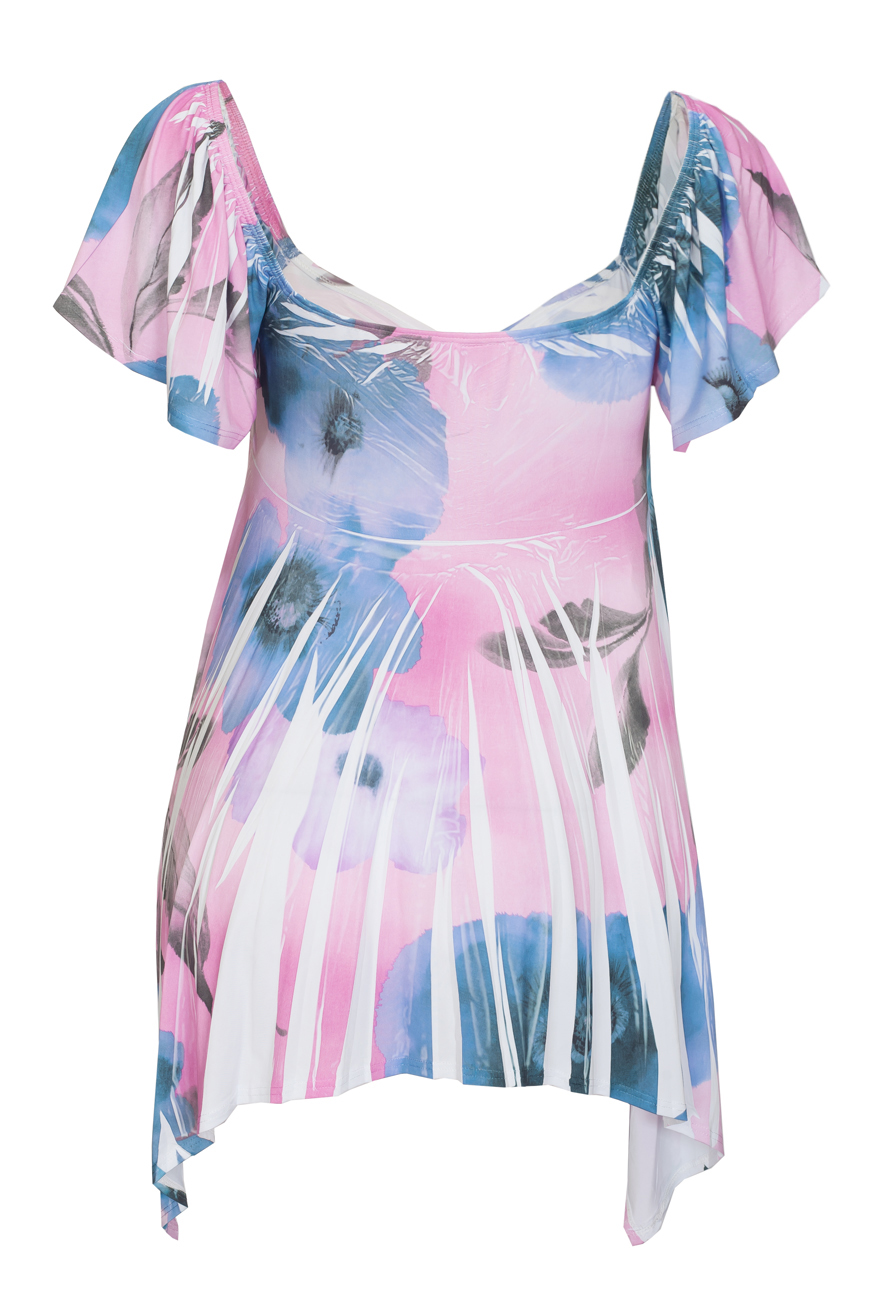 Plus size Deep V-neck Asymmetric Slimming Top Pink Sublimation Print 2 Photo 2