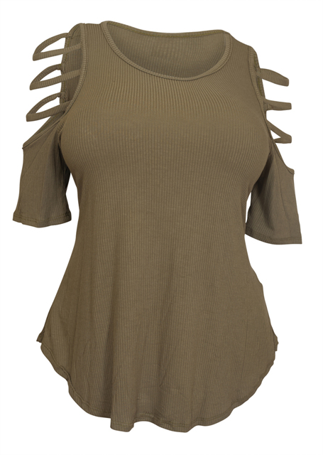 Plus Size Ribbed Cut Out Short Sleeve Top Olive Photo 1