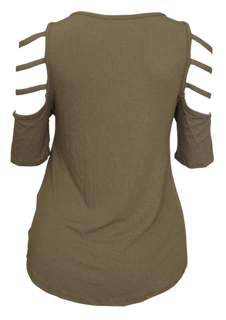 Plus Size Ribbed Cut Out Short Sleeve Top Olive Photo 2