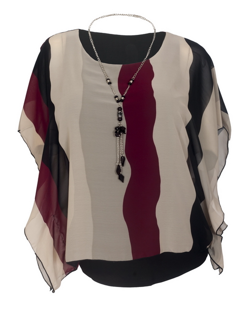 Plus Size Layered Square Poncho Top Burgundy Stripe Print 1792 Photo 1