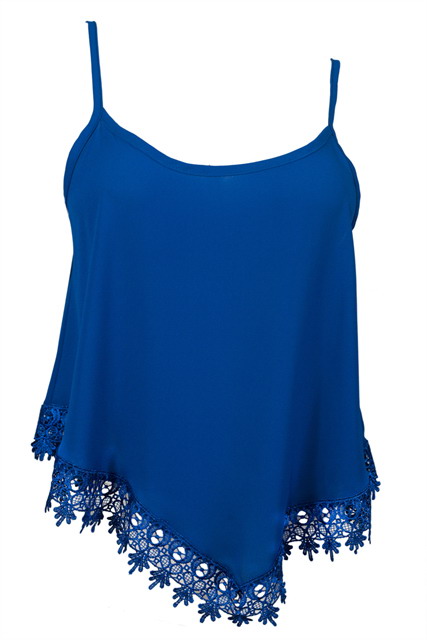 Plus size Asymmetric Lace Trimmed Spaghetti Strap Tank Top Royal Blue Photo 1