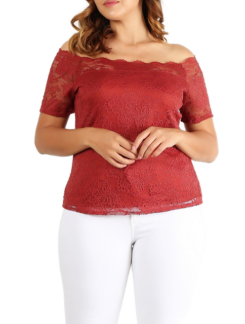 Plus Size Off the Shoulder Lace Top Rust Photo 2