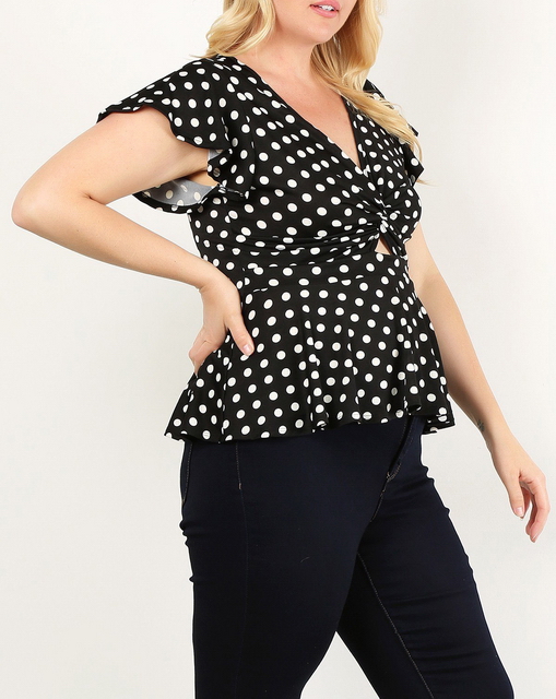 Plus Size V-neck Polka Dot Top Black Photo 2