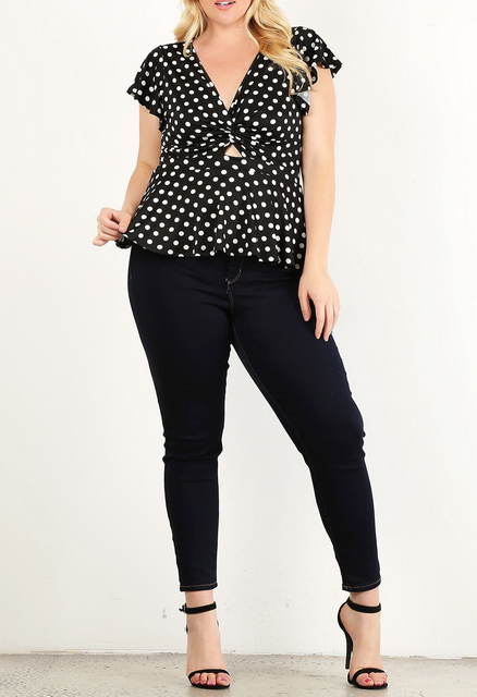 Plus Size V-neck Polka Dot Top Black Photo 1