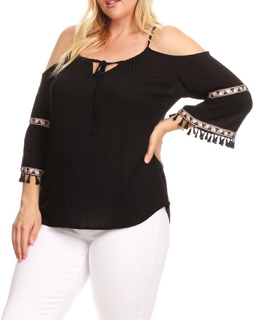 Plus Size Cold Shoulder Bell Sleeve Top Black Photo 2