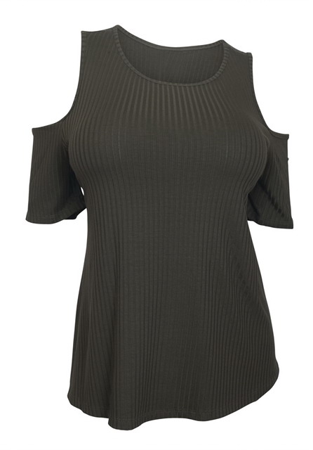 Plus Size Round Neck Ribbed Off Shoulder Top Dark Olive Photo 1