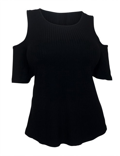 Plus Size Round Neck Ribbed Off Shoulder Top Black Photo 1