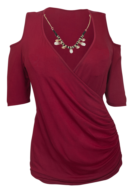 Plus Size Wrap Bodice Top with Necklace Detail Burgundy Photo 1