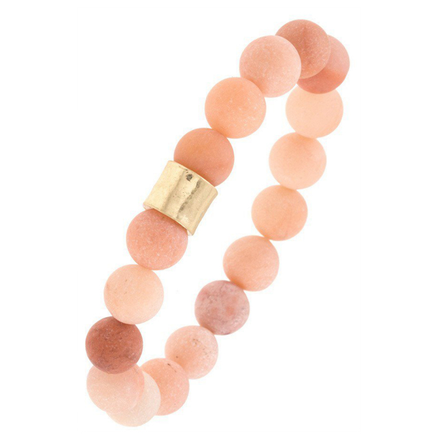 Semi Precious Stone Hammered Metal Bead Stretch Bracelet Pink Photo 1