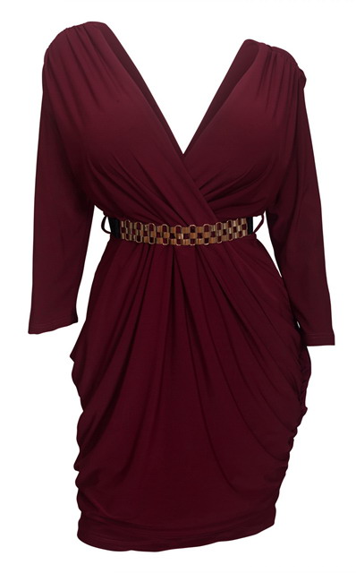 Plus size Deep V-Neck Wrap Bodice Long Sleeve Dress Burgundy Photo 1