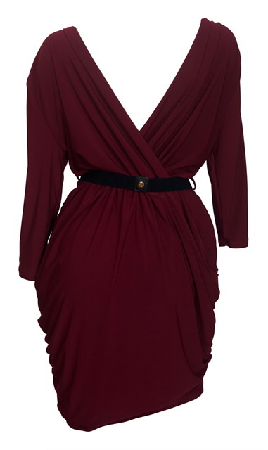 Plus size Deep V-Neck Wrap Bodice Long Sleeve Dress Burgundy Photo 2