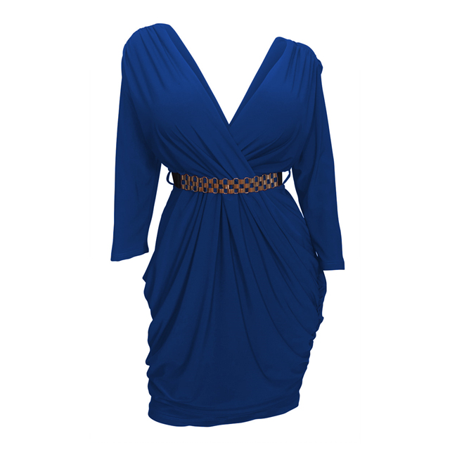 Plus size Deep V-Neck Wrap Bodice Long Sleeve Dress Royal Blue Photo 1